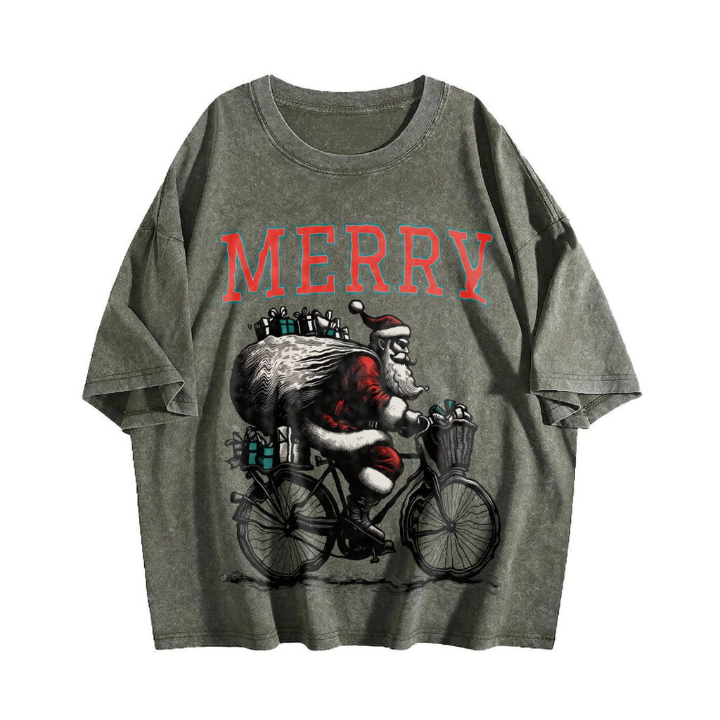 Merry Santa Riding Bike 90s Vintage Washed T-Shirt product image 4