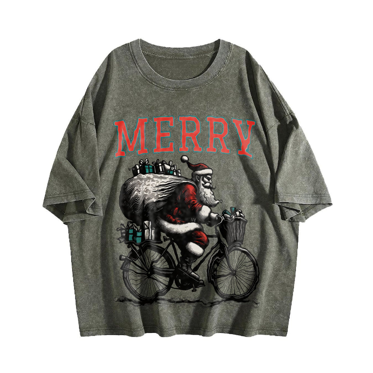 Merry Santa Riding Bike 90s Vintage Washed T-Shirt product image 4
