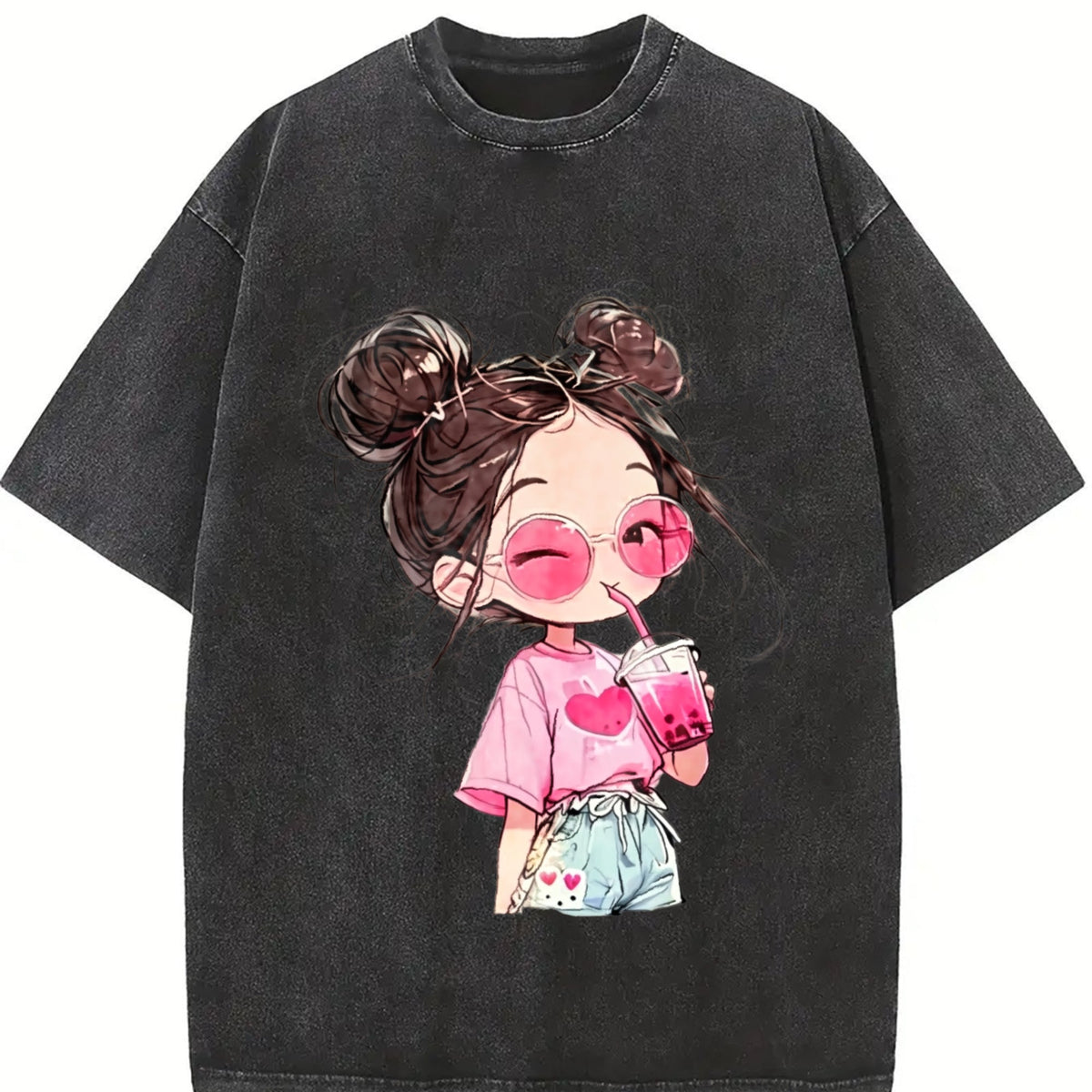 Messy Bun Girl with Pink Drink Vintage Washed T-Shirt product image 2
