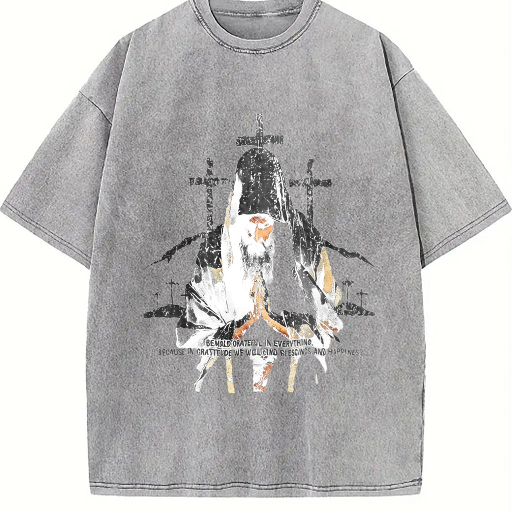 Religious Prayer Cross Black Grunge Vintage Washed T-Shirt product image 5