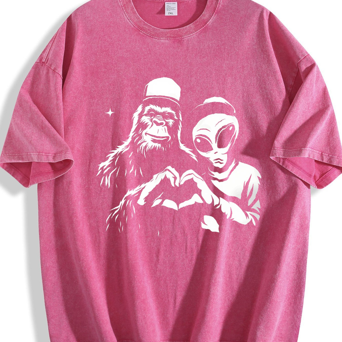 Bigfoot And Alien Heart Hands Funny Vintage Washed T-Shirt product image 7