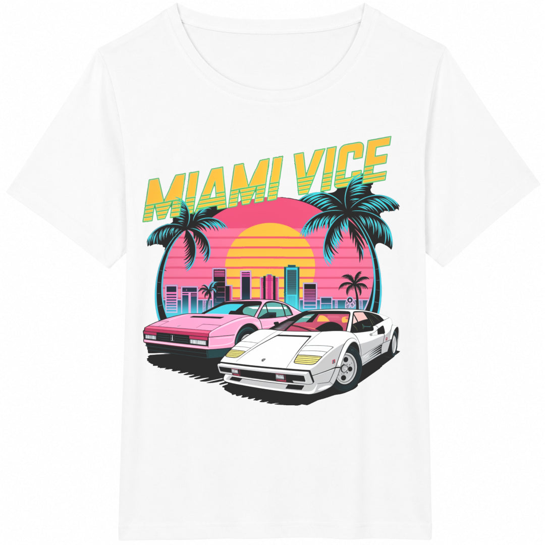 Miami Vice Sunset Cars Palm Trees Cityscape Cotton T-Shirt product image 2