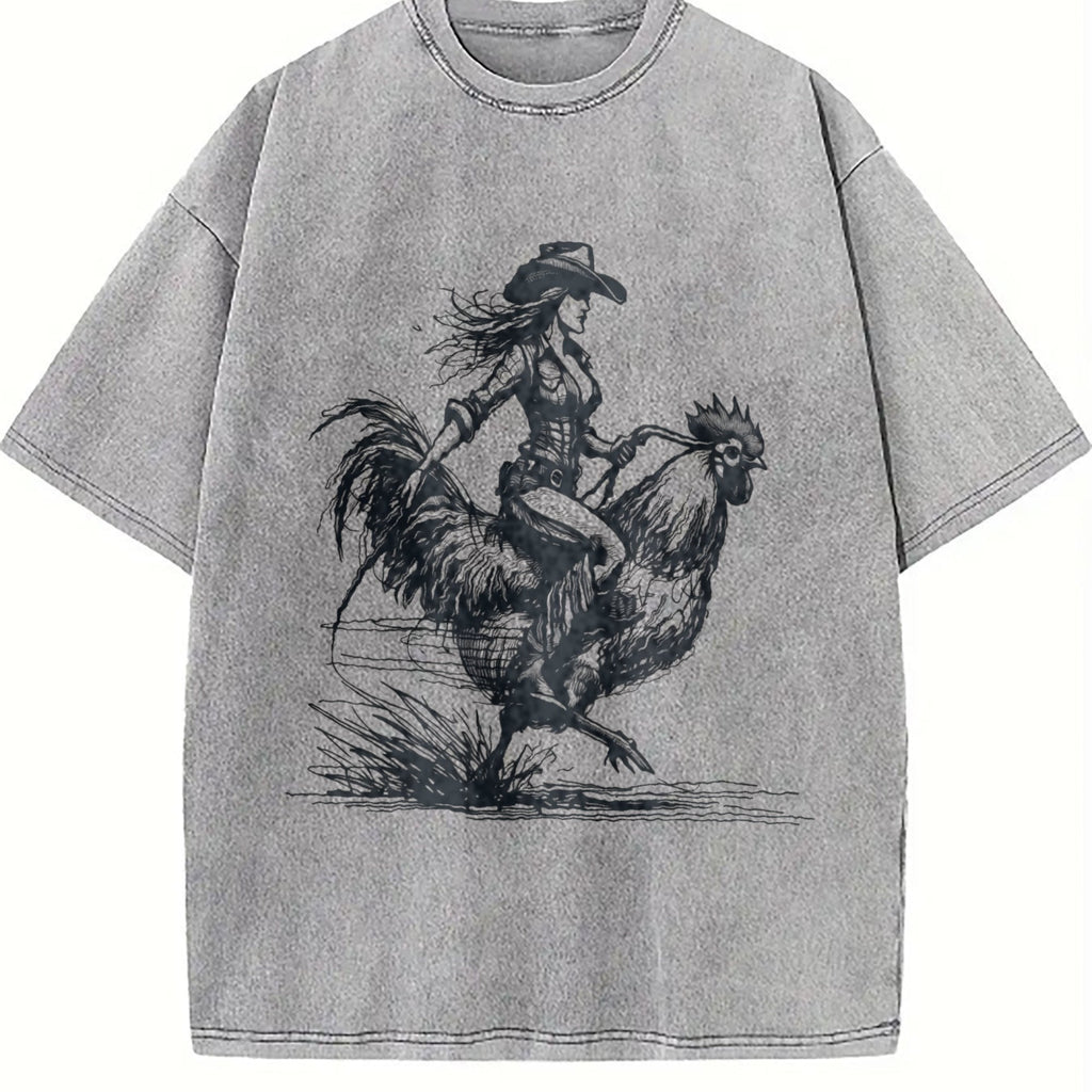 Funny Cowgirl Riding Chicken 90s Vintage Washed T-Shirt product image 5