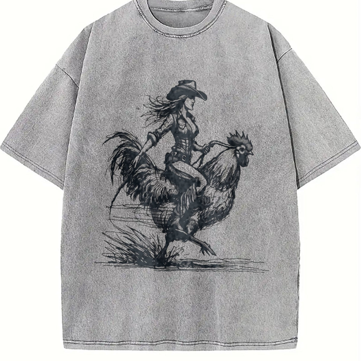 Funny Cowgirl Riding Chicken 90s Vintage Washed T-Shirt product image 5
