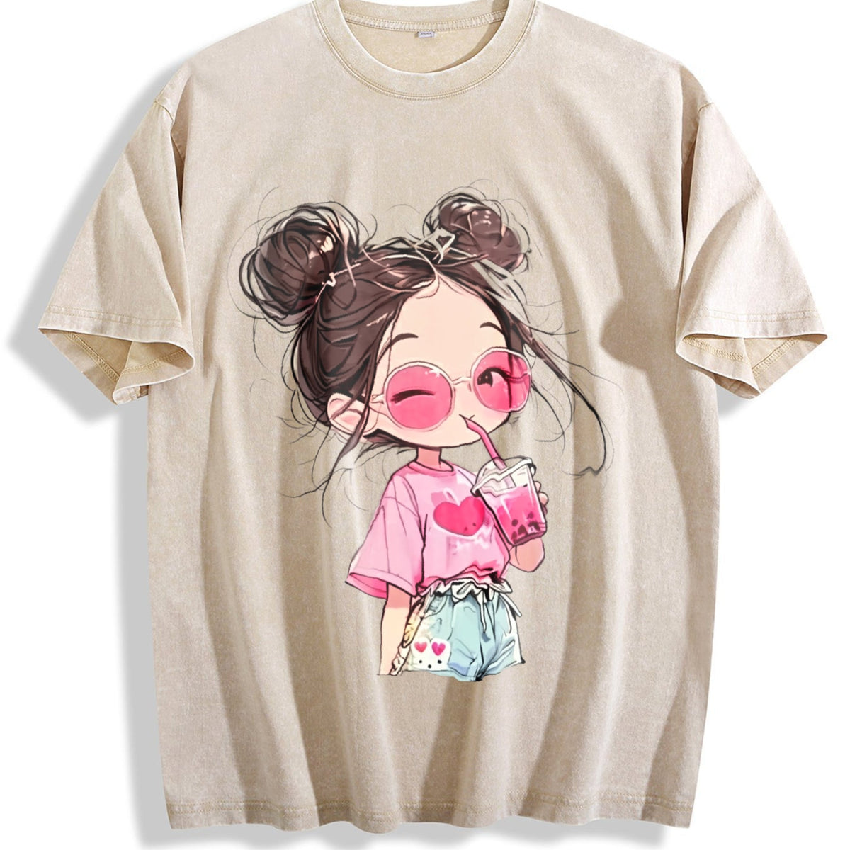 Messy Bun Girl with Pink Drink Vintage Washed T-Shirt product image 1