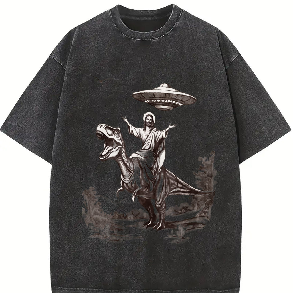 Jesus Riding Dinosaur Under UFO Funny Religious Vintage product image 2