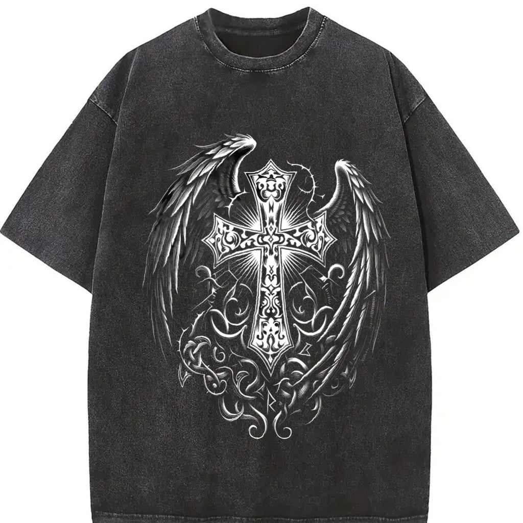 Ornate Silver Cross & Feathered Wings On A Sun-faded product image 2