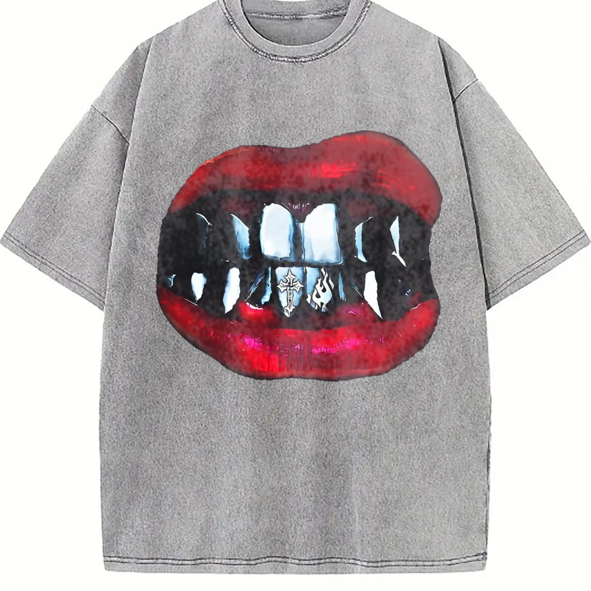 Gothic Vampire Lips Fangs Vintage Washed T-Shirt product image 5