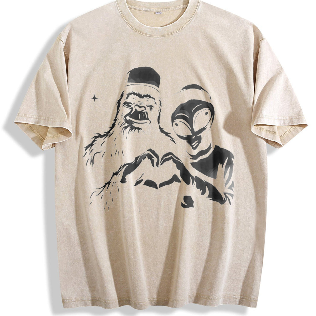 Bigfoot And Alien Heart Hands Funny Vintage Washed T-Shirt product image 1