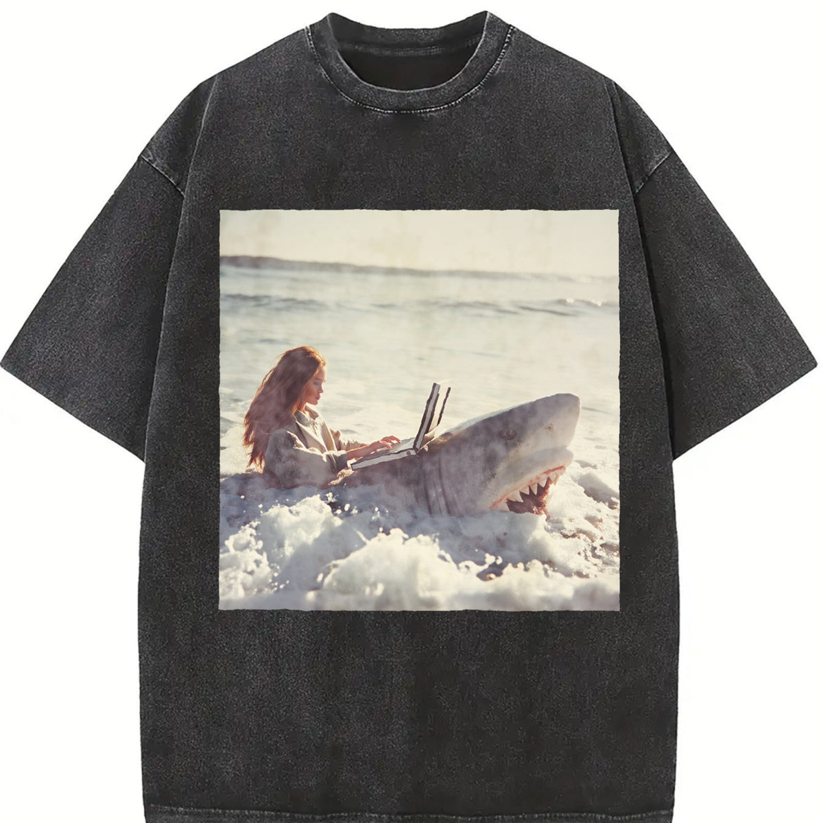 Doll Riding a Shark Vintage Washed T-Shirt product image 2