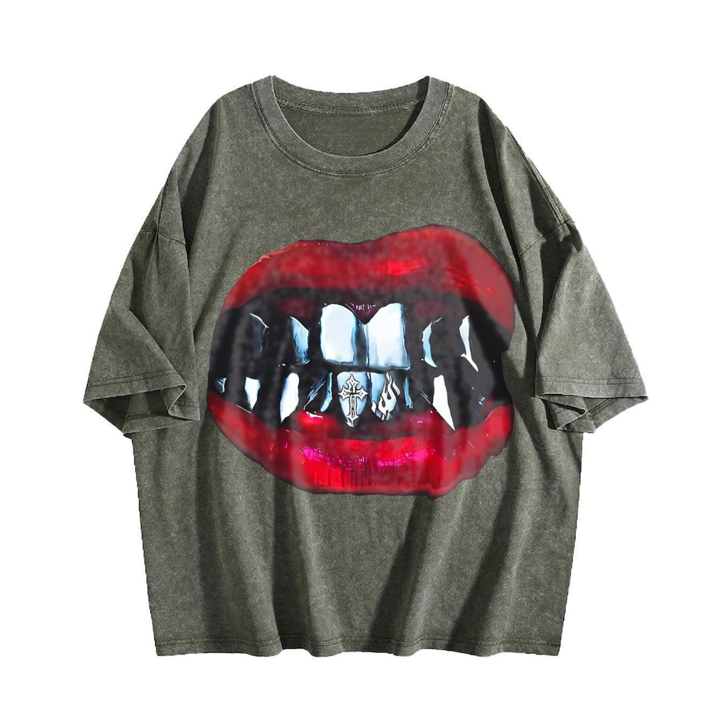 Gothic Vampire Lips Fangs Vintage Washed T-Shirt product image 4
