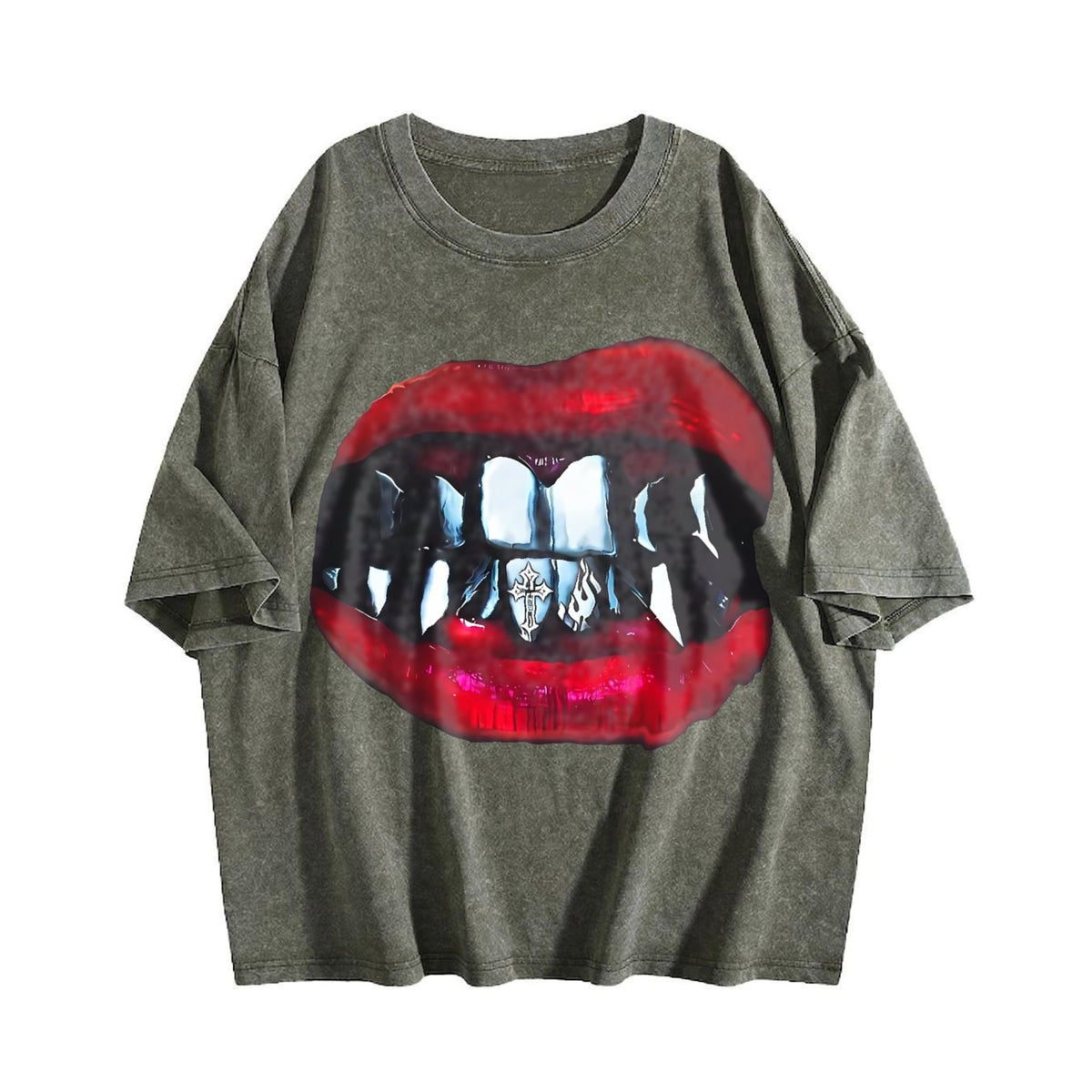 Gothic Vampire Lips Fangs Vintage Washed T-Shirt product image 4