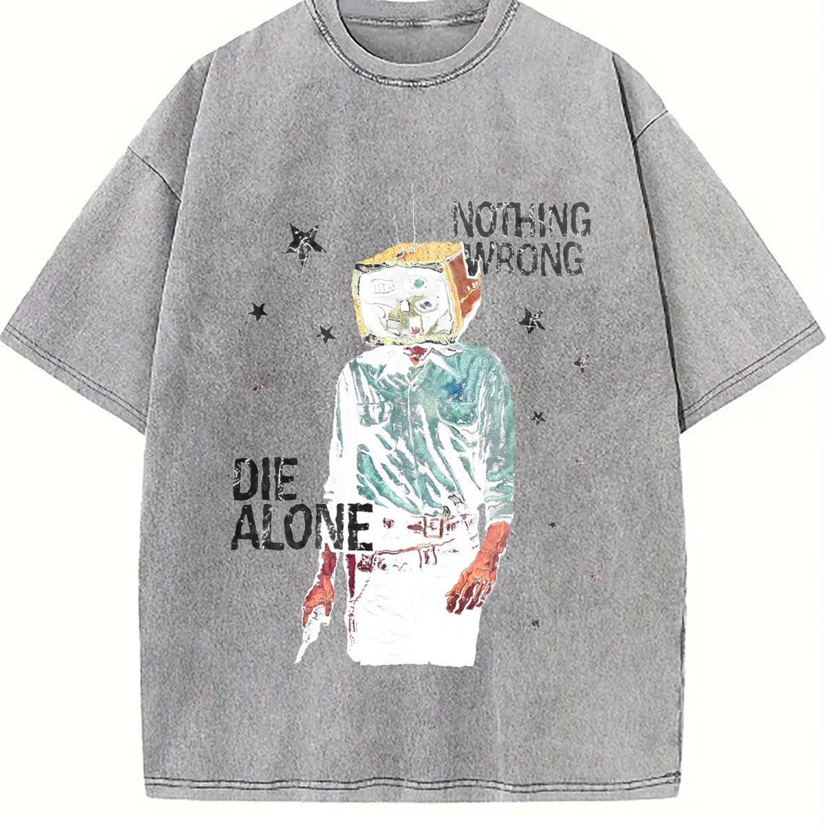 Tv Head Cowboy Die Alone White Grunge Vintage Washed T-Shirt product image 5