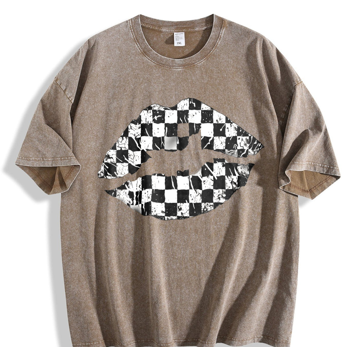 Black And White Checkered Lips Summer Vintage Washed T-Shirt product image 3