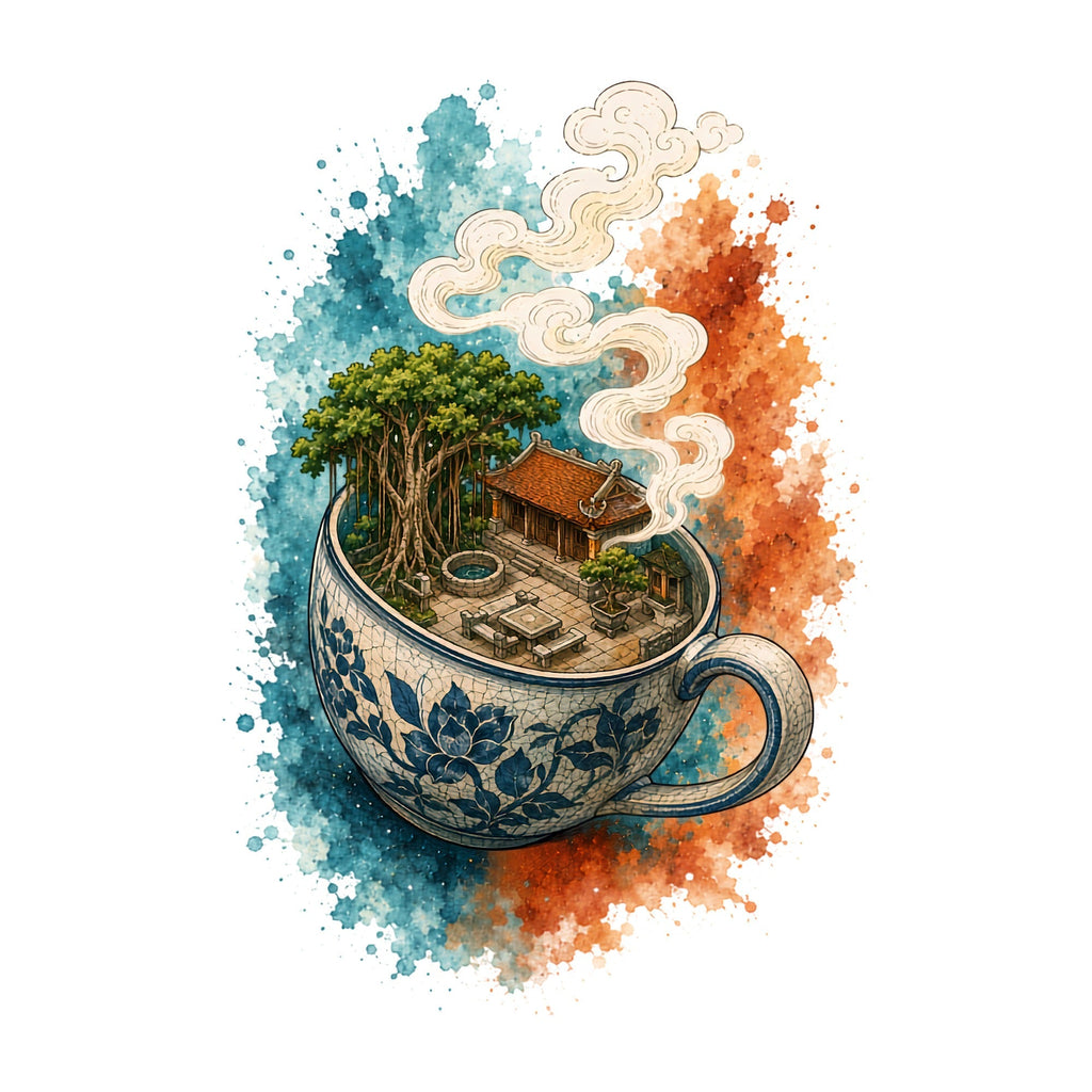 Asian Tea Cup Miniature Temple Banyan Tree Watercolor