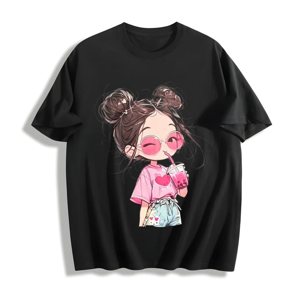 Messy Bun Girl with Pink Drink Cotton T-Shirt product image 1