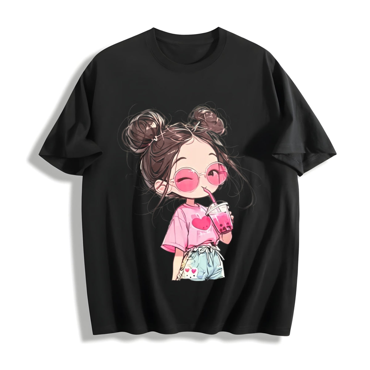 Messy Bun Girl with Pink Drink Cotton T-Shirt product image 1