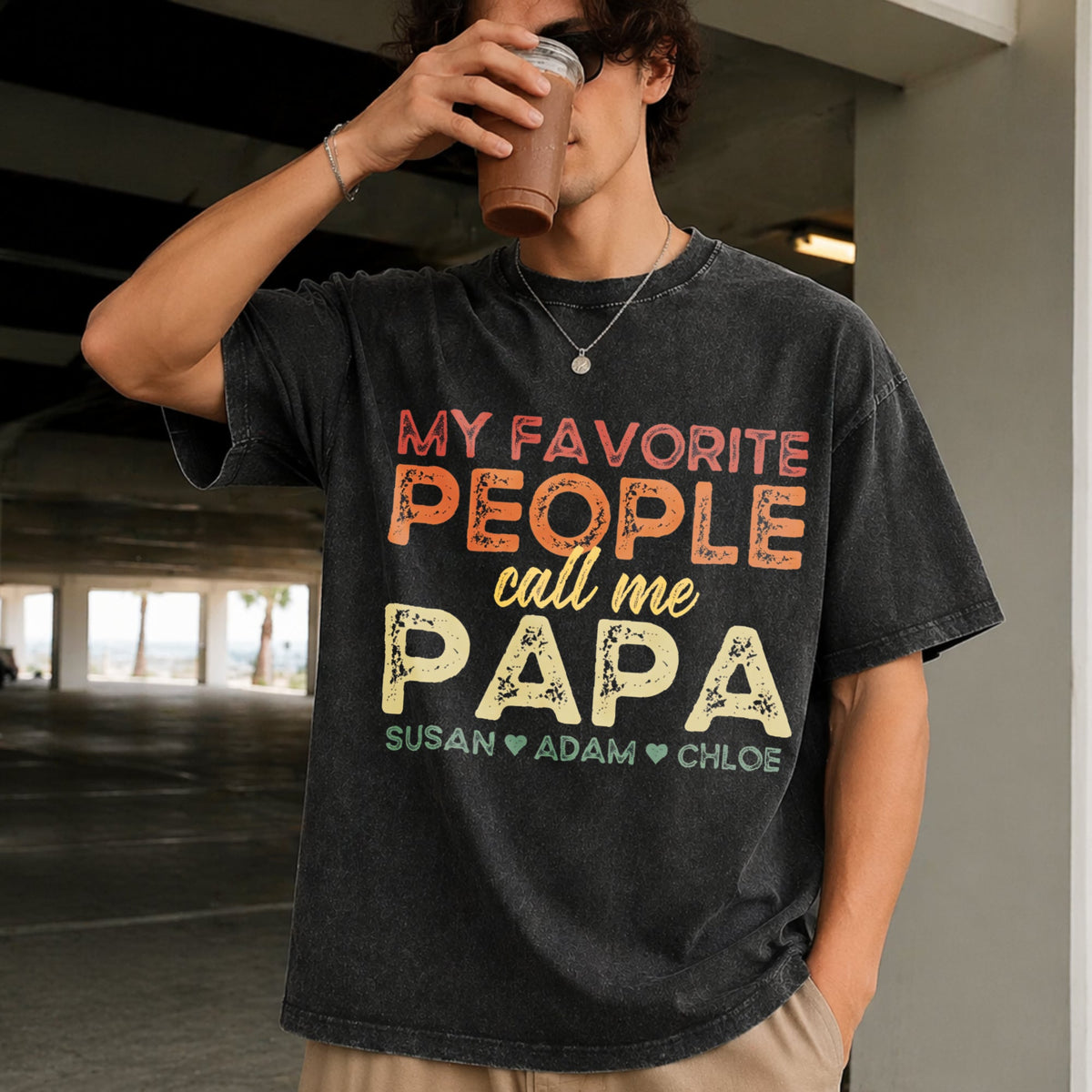 Grandpa With Grandkids Names Vintage Washed T-Shirt product image 2