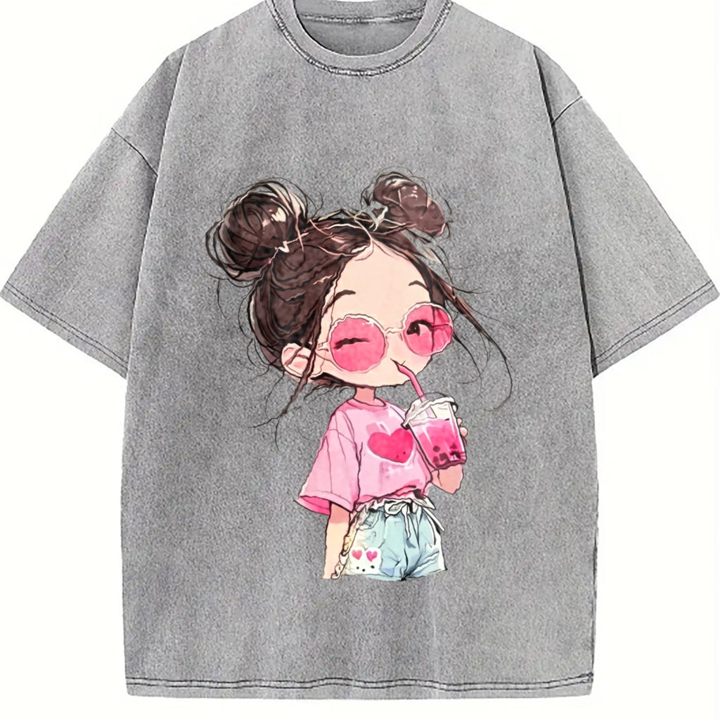 Messy Bun Girl with Pink Drink Vintage Washed T-Shirt product image 5