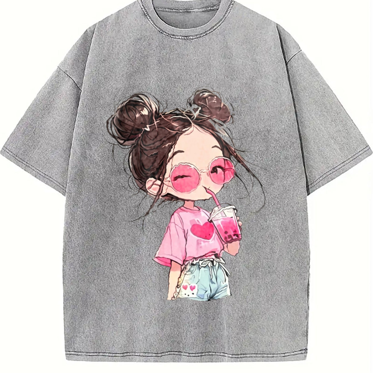 Messy Bun Girl with Pink Drink Vintage Washed T-Shirt product image 5