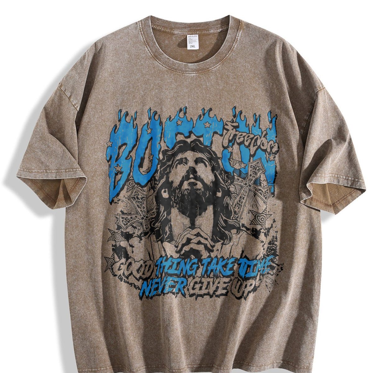 Boston Jesus Cross White Grunge Vintage Washed T-Shirt product image 3