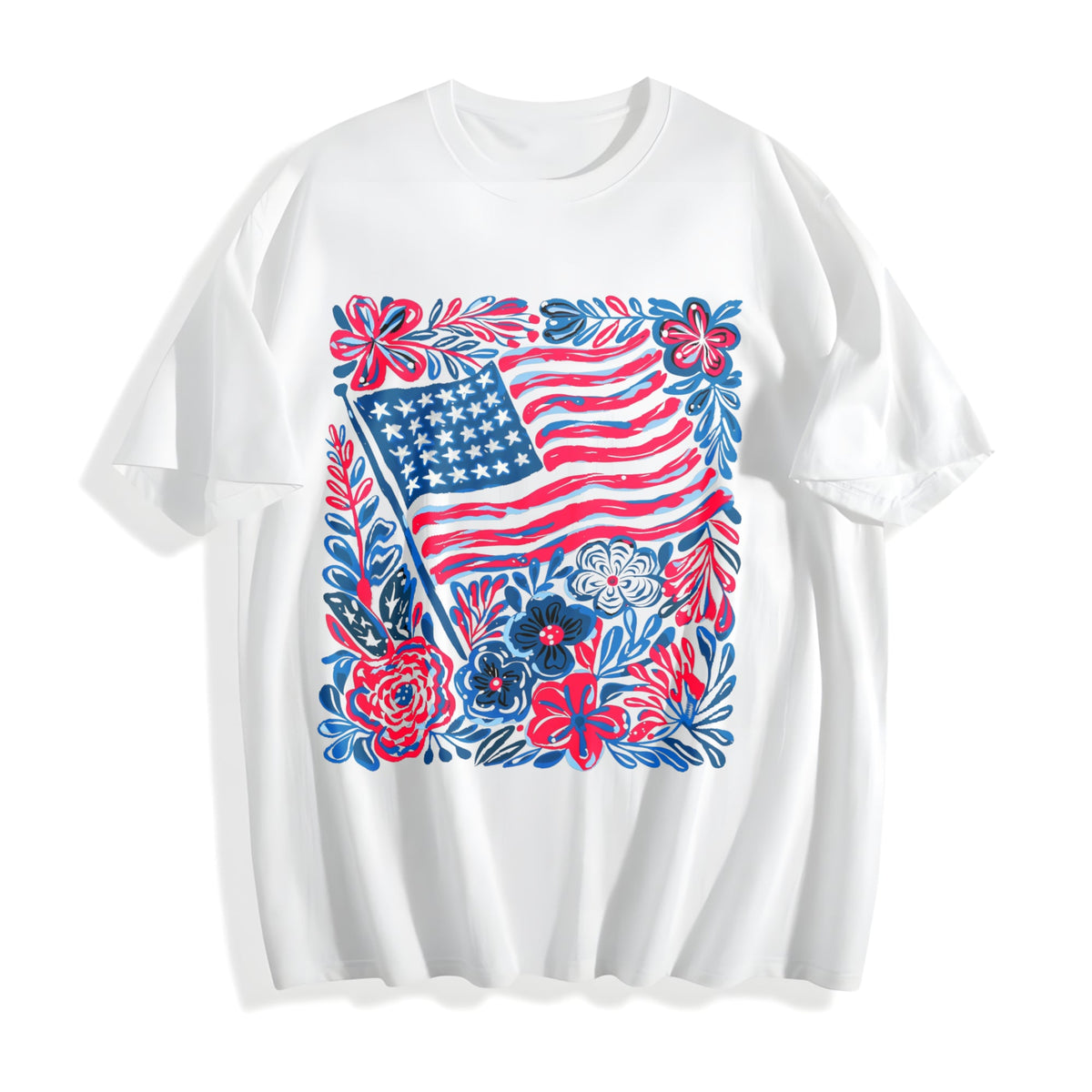 Boho American Flag Floral Cotton T-Shirt product image 2
