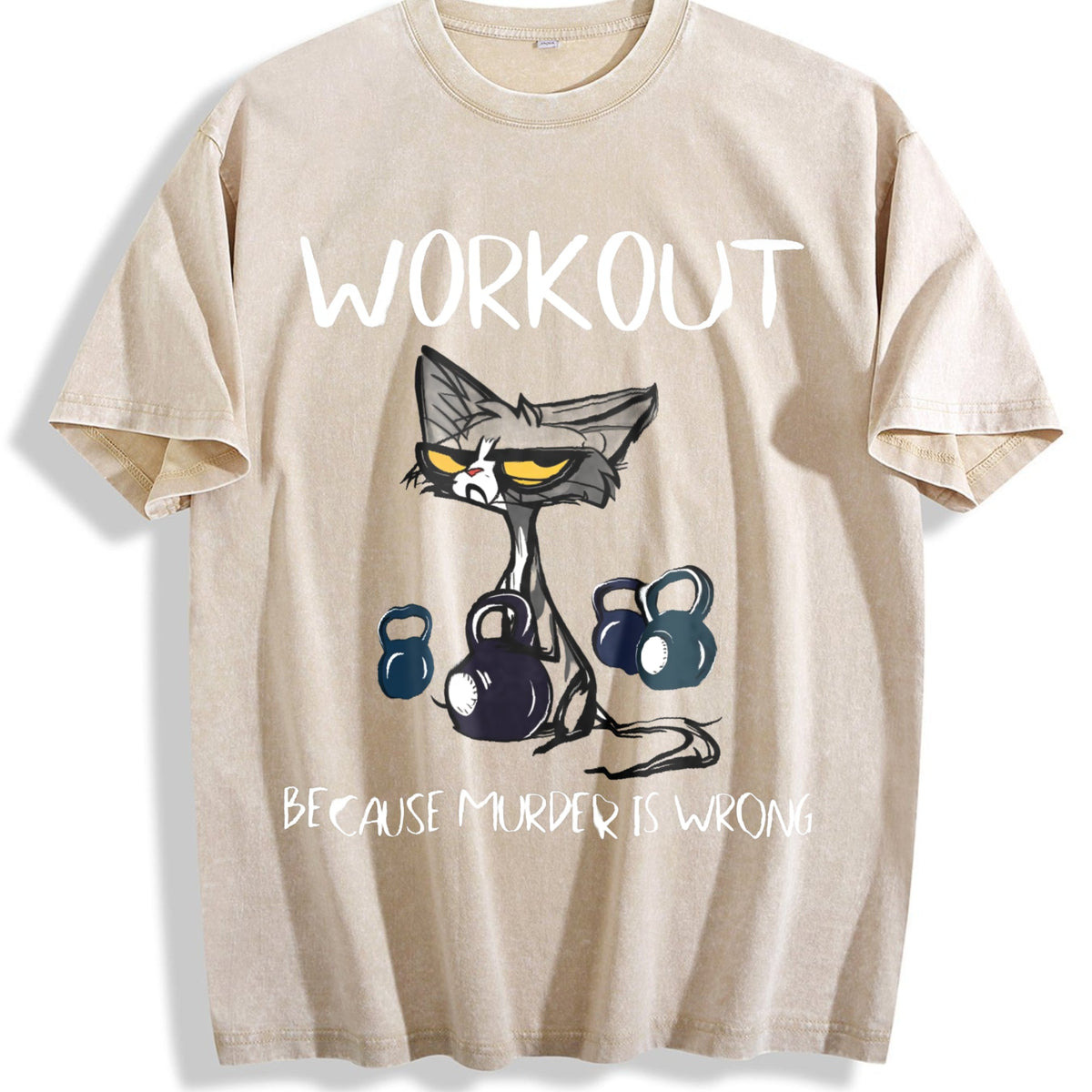 Humorous Cat & Dumbbell Vintage Washed T-Shirt product image 1