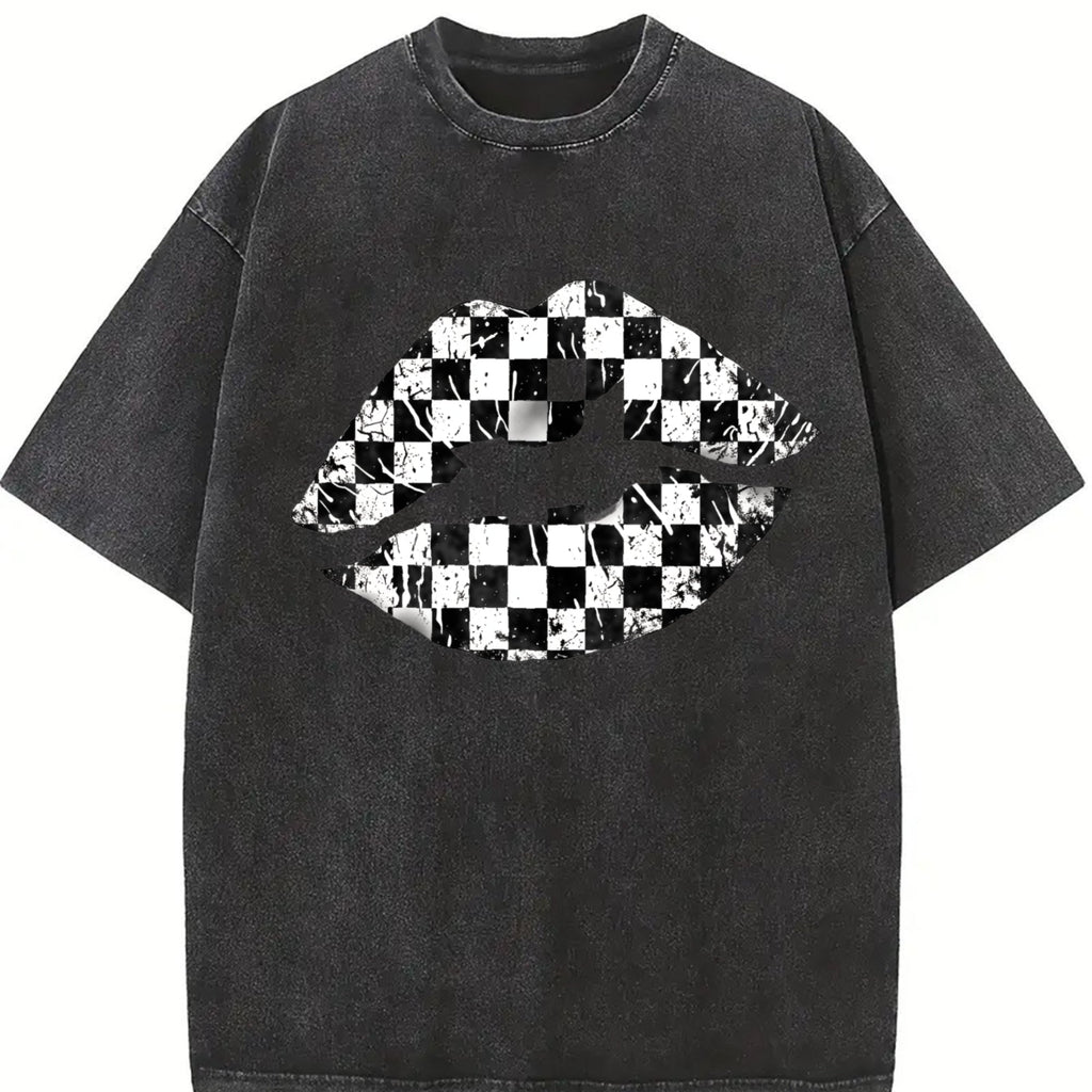 Black And White Checkered Lips Summer Vintage Washed T-Shirt product image 2
