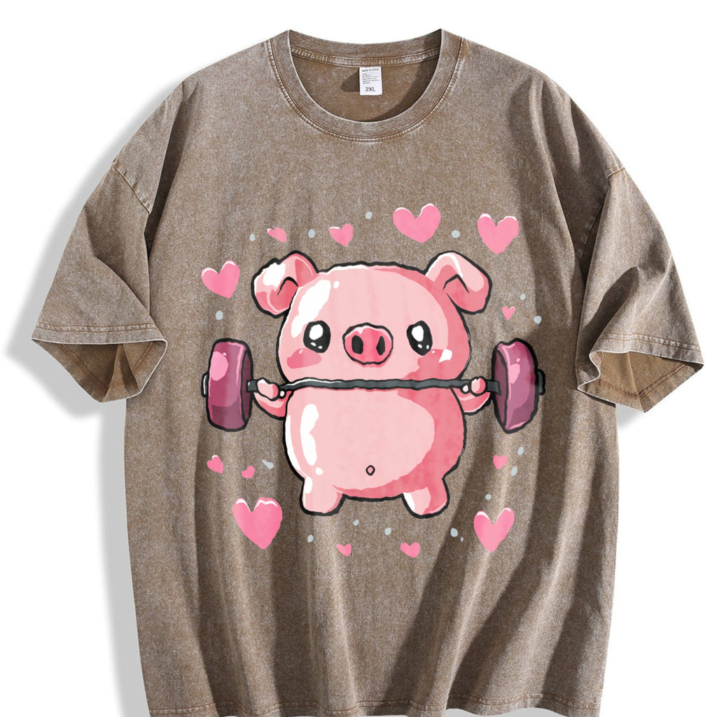 Cute Pig Lifting Barbell Heart Vintage Washed T-Shirt product image 3
