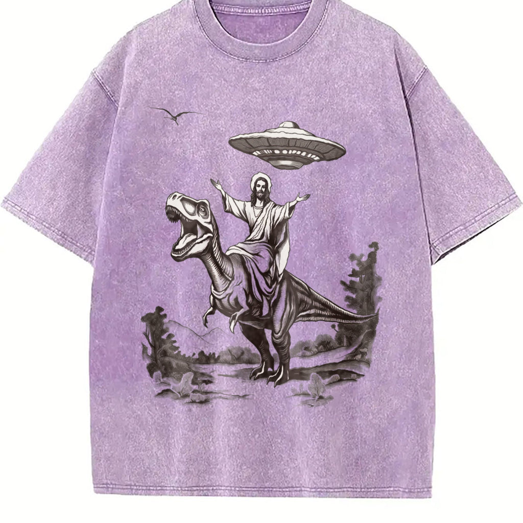 Jesus Riding Dinosaur Under UFO Funny Religious Vintage product image 6