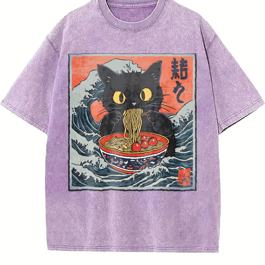 Cat Eating Ramen 90s Vintage Washed T-Shirt product image 6