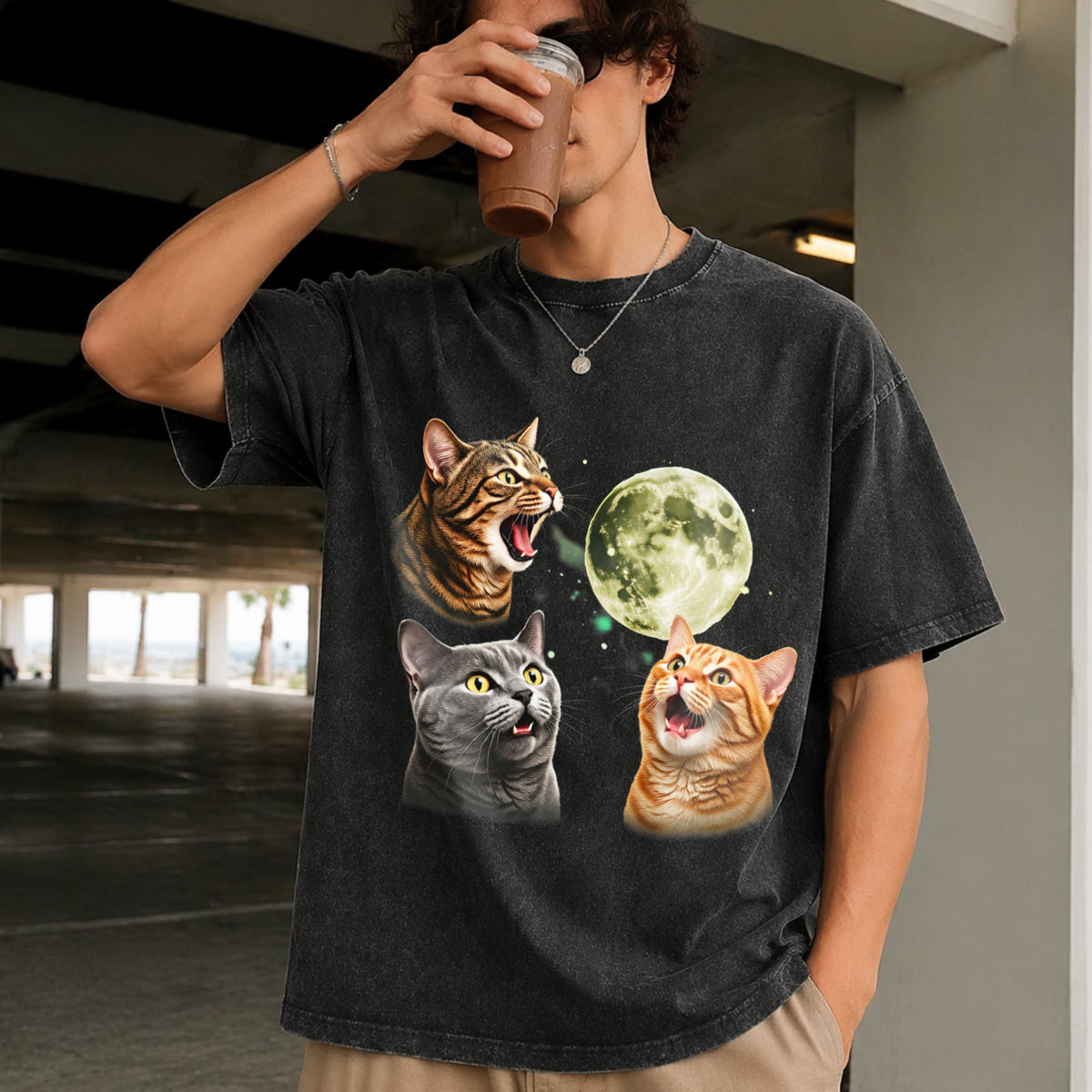 Three Cats Moon Vintage Washed T-Shirt product image 2