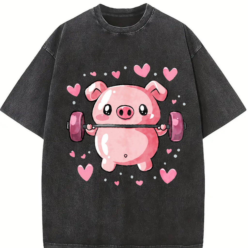 Cute Pig Lifting Barbell Heart Vintage Washed T-Shirt product image 2