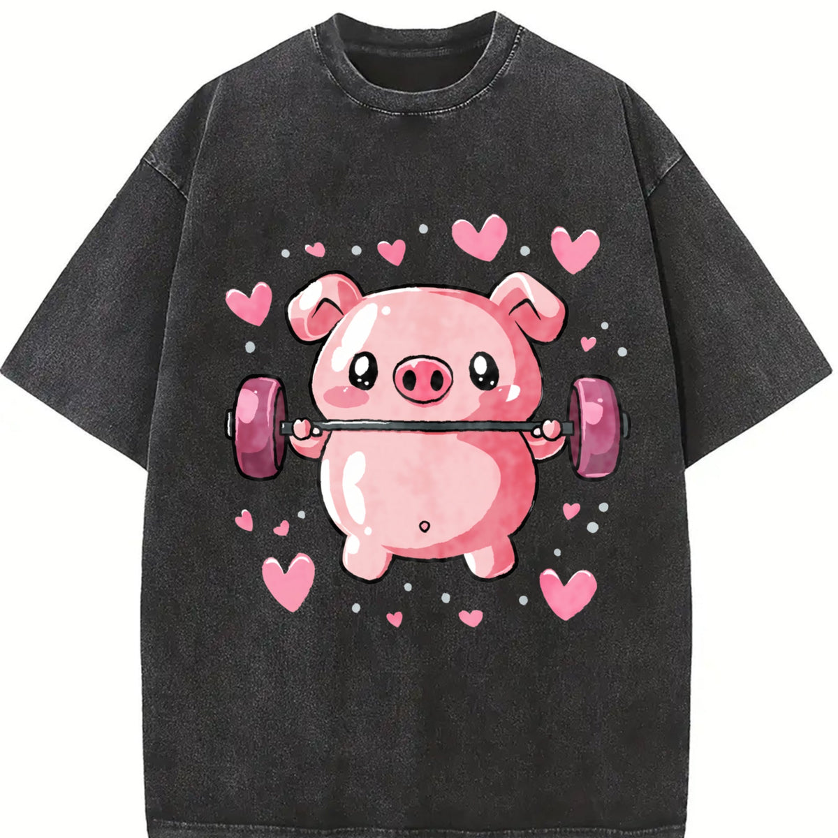 Cute Pig Lifting Barbell Heart Vintage Washed T-Shirt product image 2