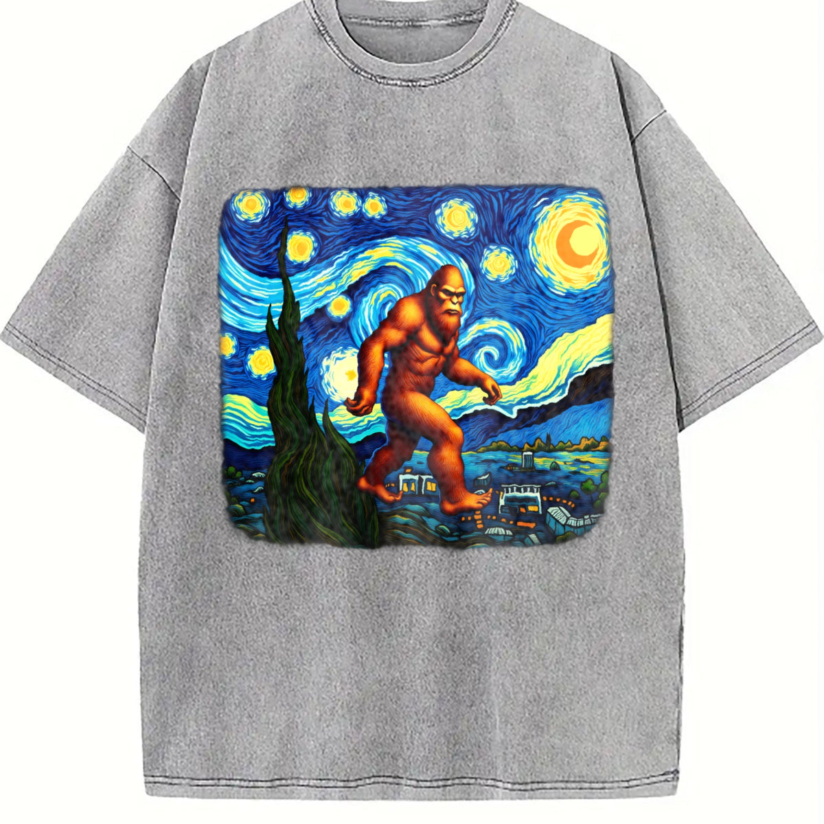 Bigfoot On Starry Night 90s Vintage Washed T-Shirt product image 5