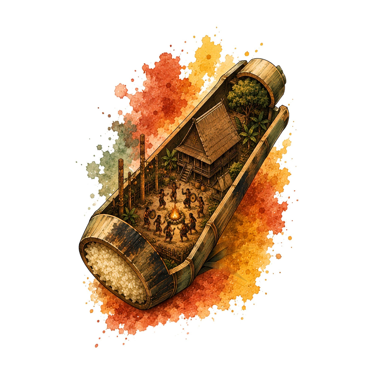 Bamboo Sticky Rice Miniature Tribal Village Watercolor