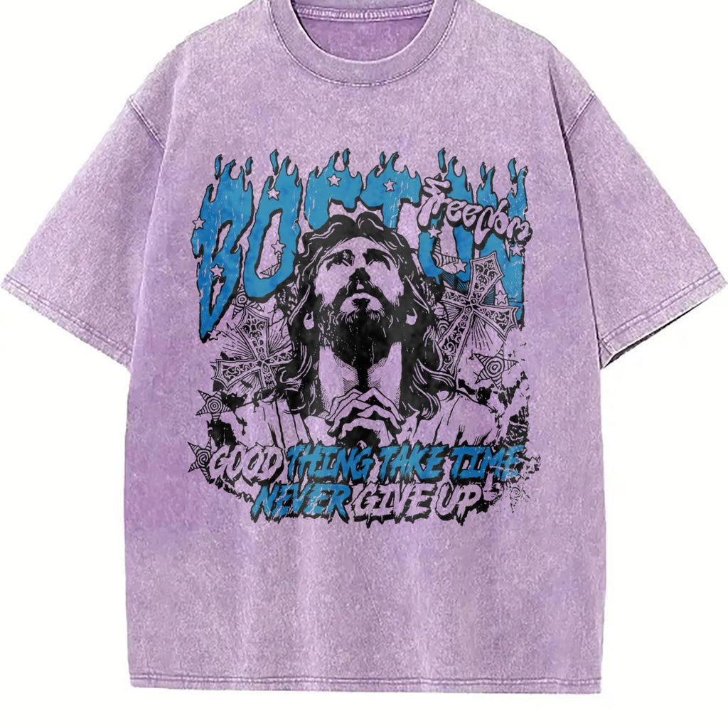 Boston Jesus Cross White Grunge Vintage Washed T-Shirt product image 6