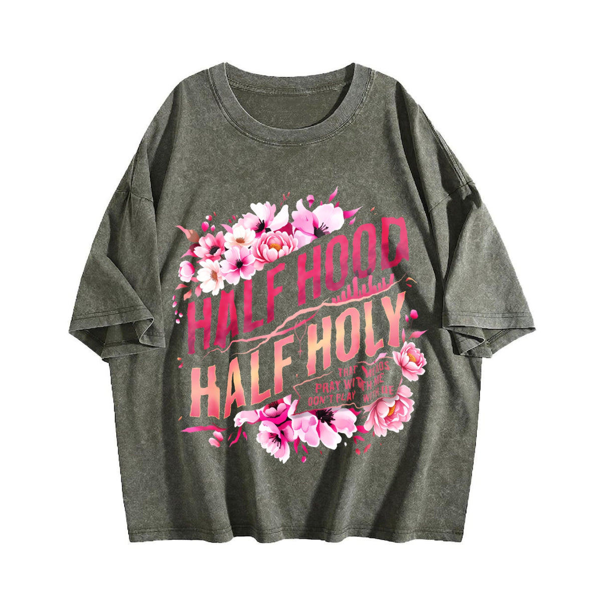 Half Hood Holy With Pink Floral Vintage Washed T-Shirt product image 4