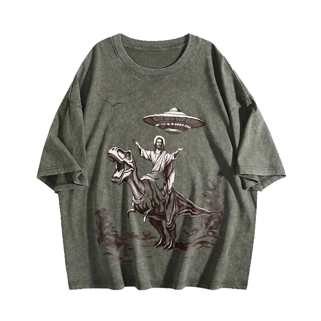 Jesus Riding Dinosaur Under UFO Funny Religious Vintage product image 4
