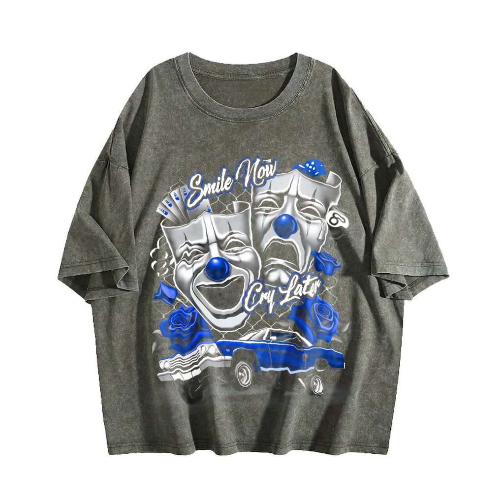 Blue Smile Now Cry Later Silk Screen Vintage Washed T-Shirt product image 4