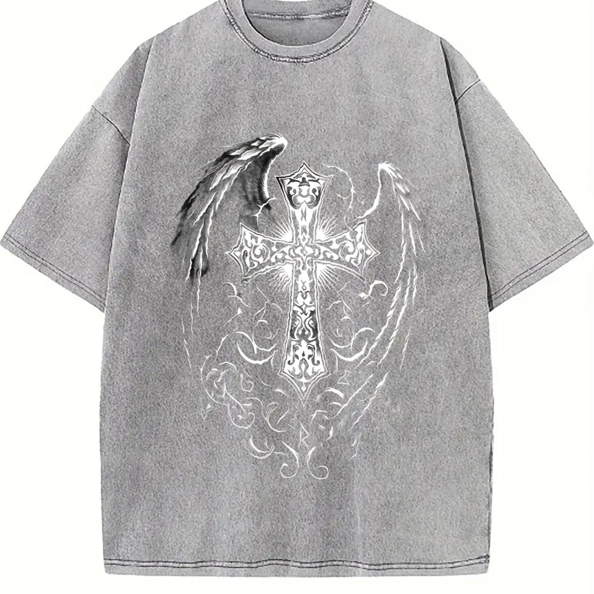 Ornate Silver Cross & Feathered Wings On A Sun-faded product image 5