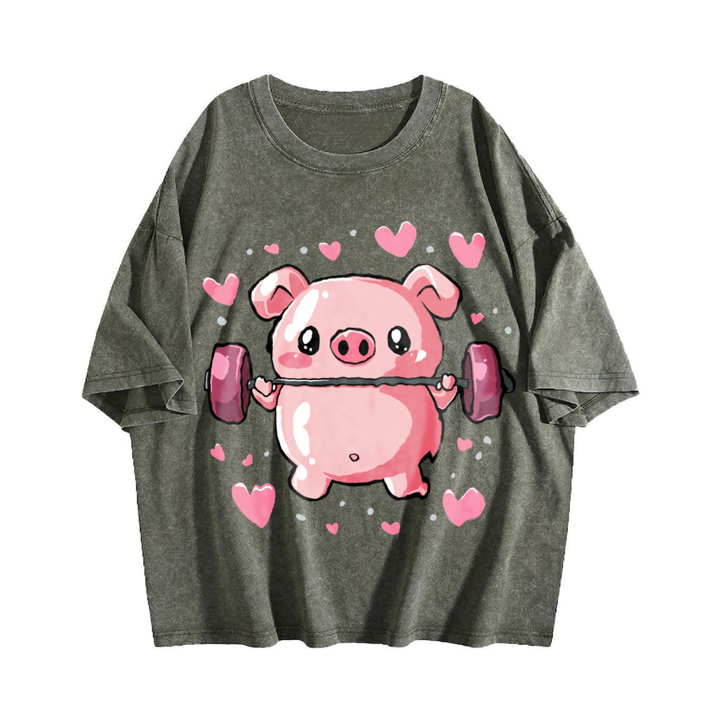 Cute Pig Lifting Barbell Heart Vintage Washed T-Shirt product image 4