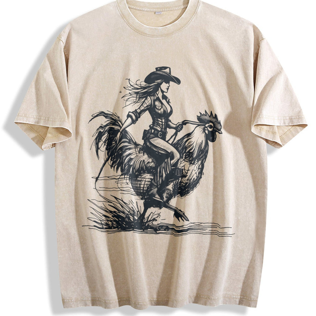 Funny Cowgirl Riding Chicken 90s Vintage Washed T-Shirt product image 1