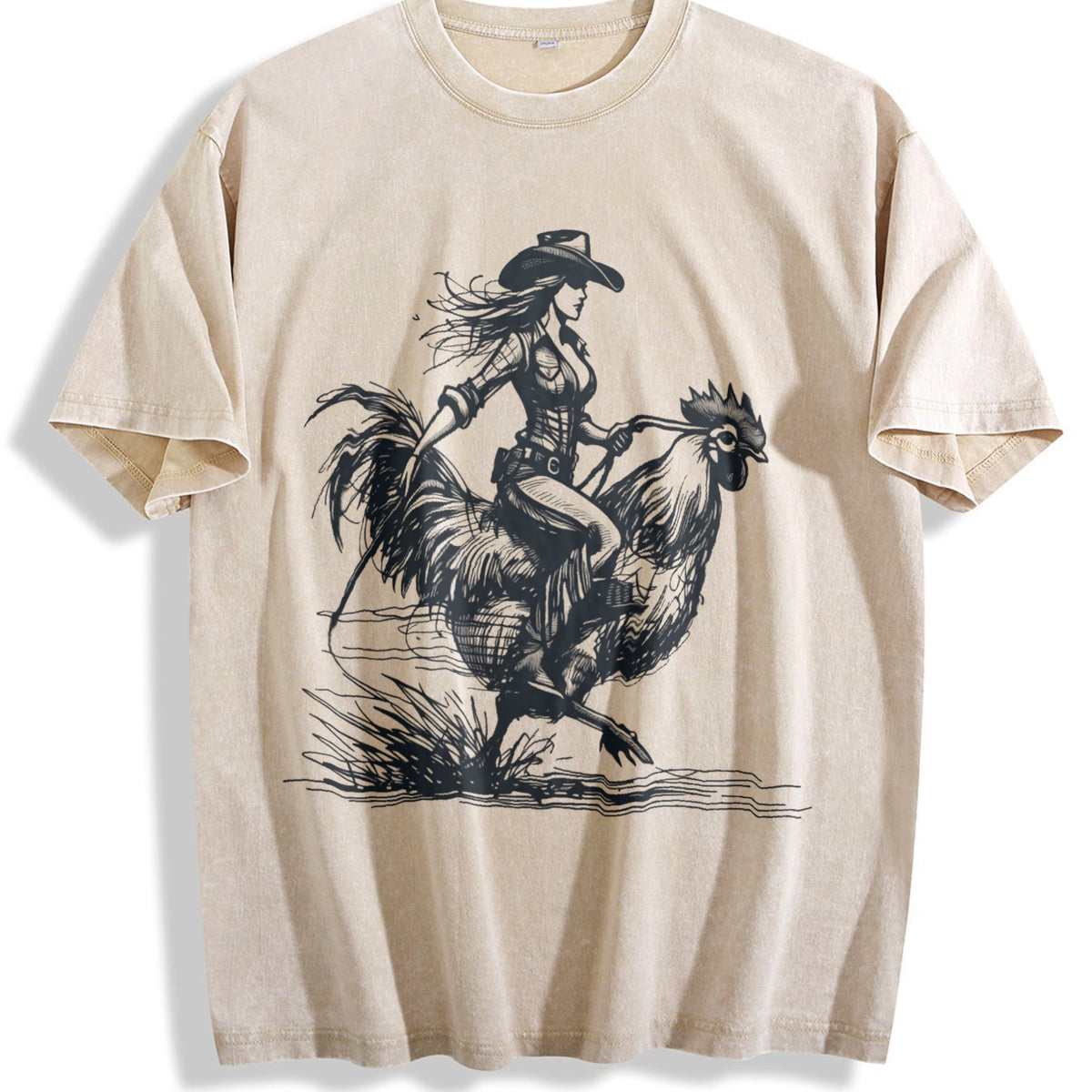 Funny Cowgirl Riding Chicken 90s Vintage Washed T-Shirt product image 1