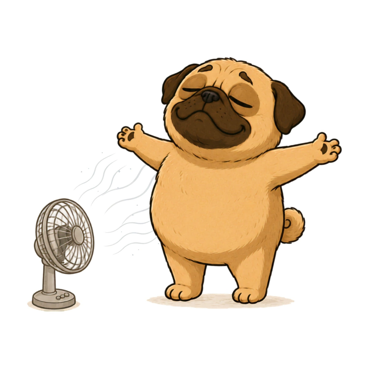 Chubby Pug Dog Cooling Down Electric Fan Summer Heat Humor