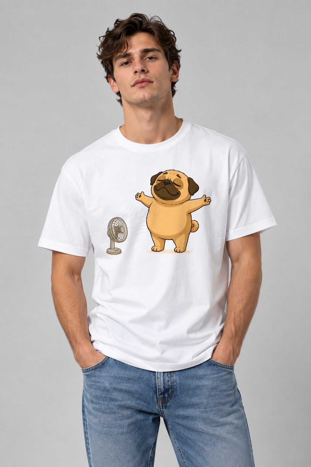 Chubby Pug Dog Cooling Down Electric Fan Summer Heat Humor product image 1