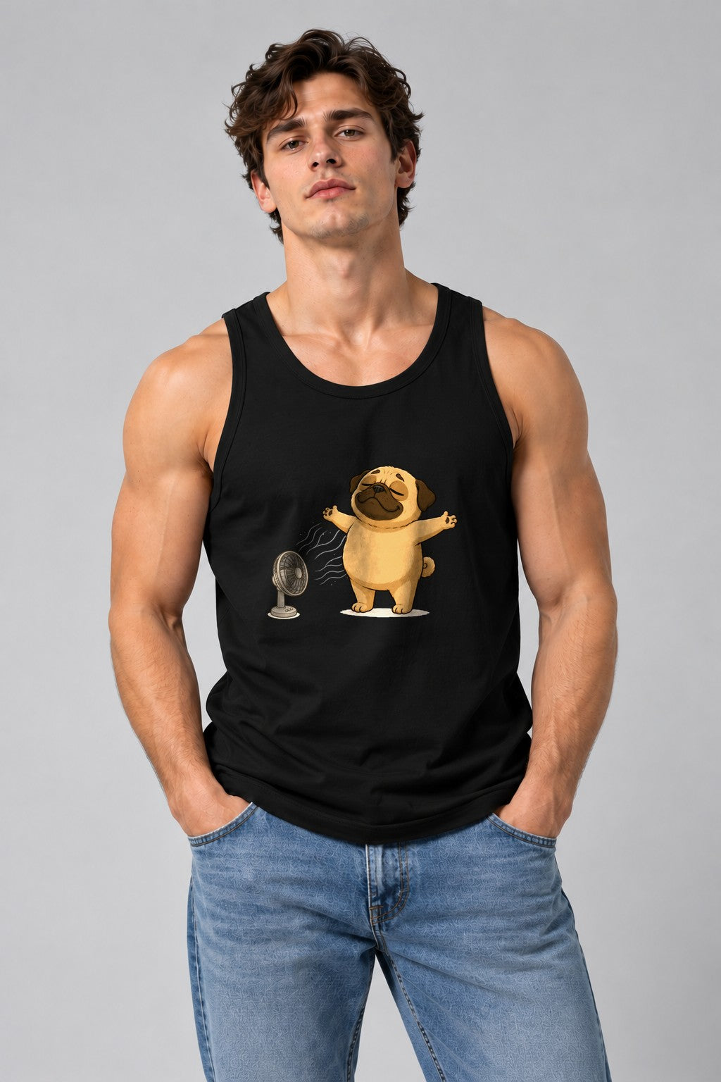 Chubby Pug Dog Cooling Down Electric Fan Summer Heat Humor