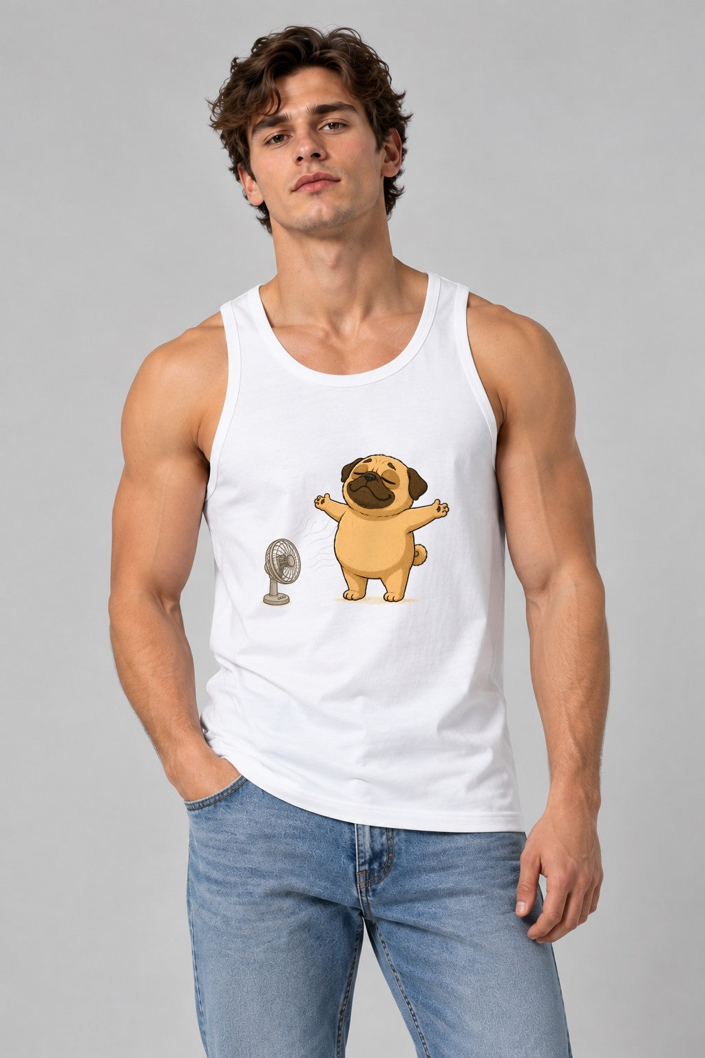 Chubby Pug Dog Cooling Down Electric Fan Summer Heat Humor