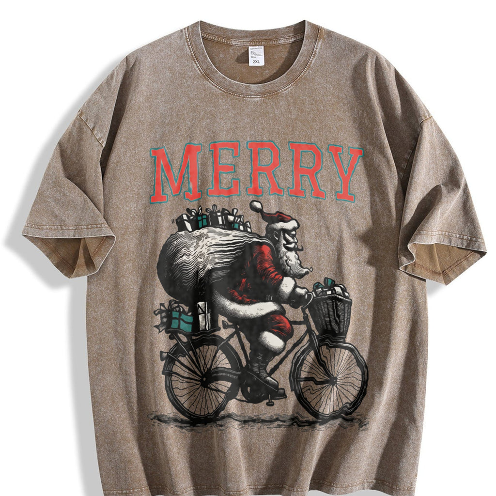 Merry Santa Riding Bike 90s Vintage Washed T-Shirt product image 3