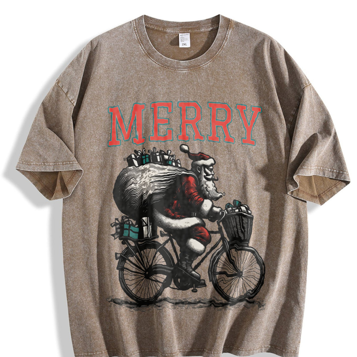 Merry Santa Riding Bike 90s Vintage Washed T-Shirt product image 3